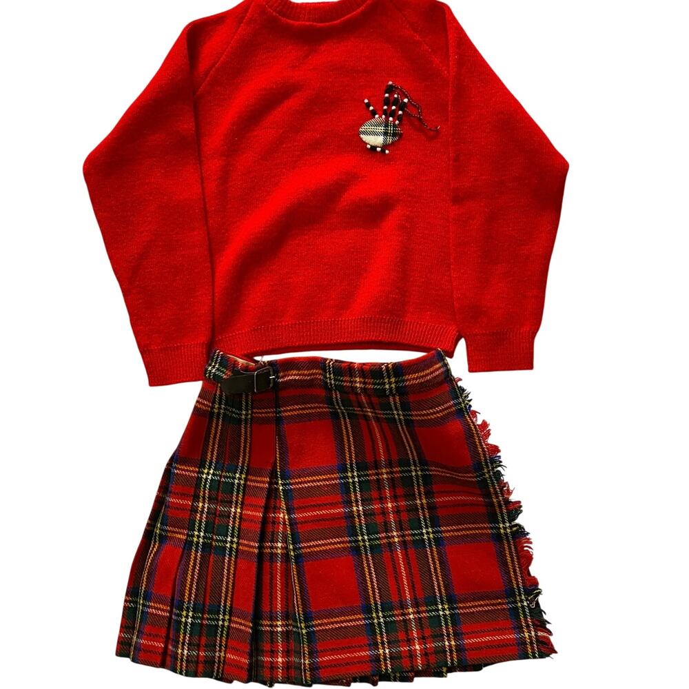 Scott the Kiltmaker of Aberdeen‎ Pure Wool Red Plaid Kilt 4 Kid knit Sweater Set